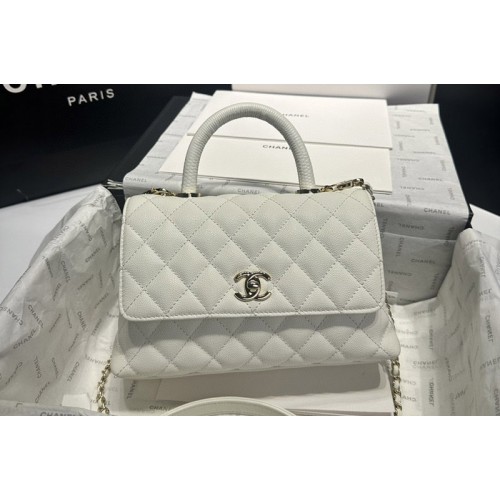 Chanel A92990 Flap Bag With Top Handle in White Grained Calfskin Leahter