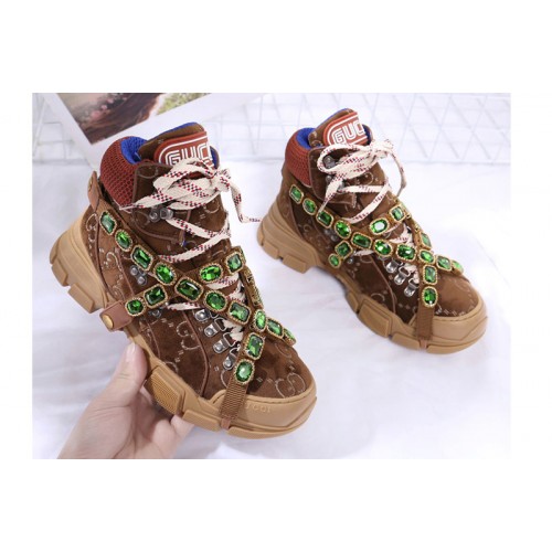 Men Womens Gucci Flashtrek sneaker with removable crystals Brown Suede