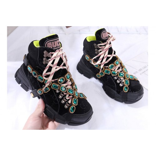 Mens Womens Gucci Flashtrek sneaker with removable crystals Black Suede