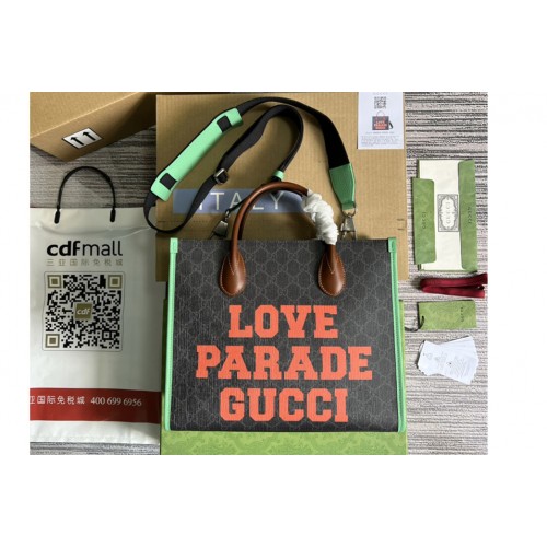 Gucci Love Parade Gucci Small Tote Bag in Beige ebony Supreme canvas With Green Leather