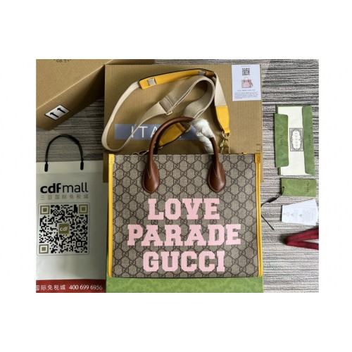 Gucci Love Parade Gucci Small Tote Bag in Beige ebony Supreme canvas With Yellow Leather