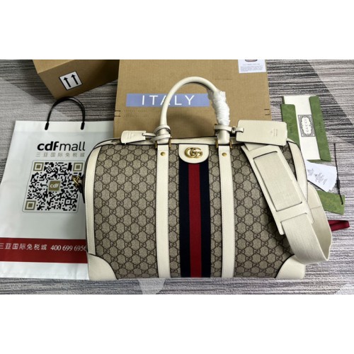 Gucci Ophidia medium duffle bag in Beige and ebony supreme canvas with White Leather
