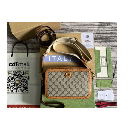 Gucci Ostrich trim shoulder bag with Double G in Beige and ebony Supreme canvas