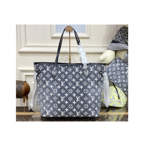 Louis Vuitton M21465 Neverfull MM tote Bag in Gray Denim textile jacquard