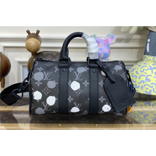 Louis Vuitton M45406 LVxYK Keepall 25 Bag in Black and silver Monogram Eclipse coated canvas with 3D Painted Dots print