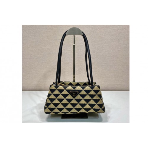 Prada 1BA368 Small embroidered fabric Prada Symbole bag in Black Beige