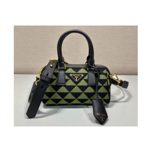 Prada 1BA846 embroidered fabric Boston bag in Black Green