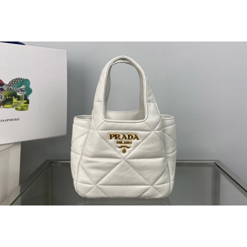 Prada 1BG451 Small nappa-leather tote bag with topstitching in White Leather