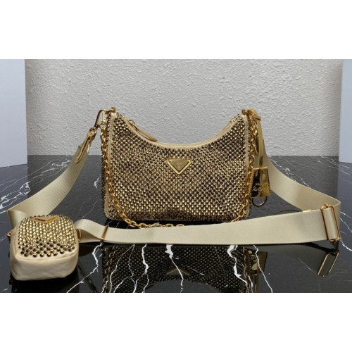 Prada 1BH204 Prada Re-Edition 2005 satin bag with crystals in platinum