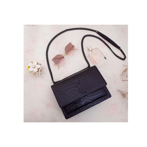 YSL Medium Sunset Monogram Bag Black Crocodile