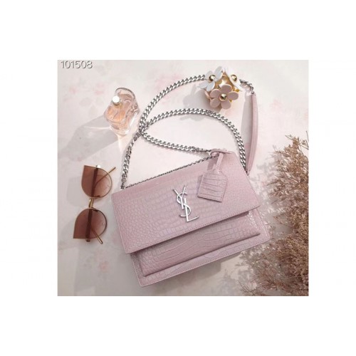 YSL Medium Sunset Monogram Bag Pink Crocodile Leather