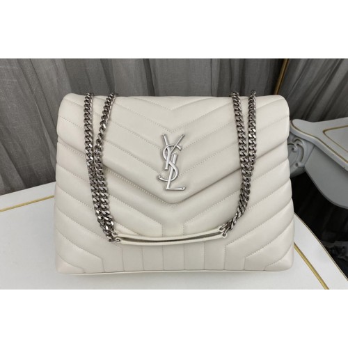 YSL Medium Loulou Chain Bag in White Leather With Silver