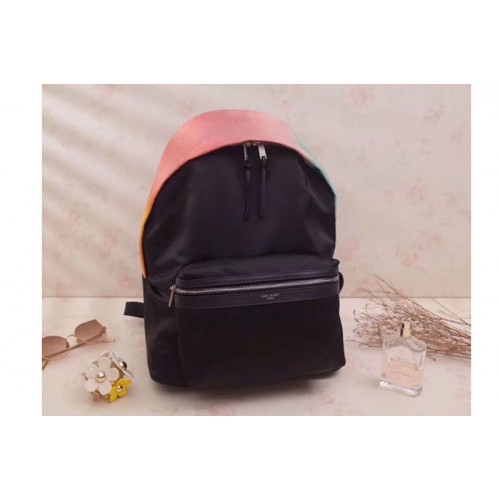 YSL City Backpack In Nylon Canvas and Leather Black and Pink