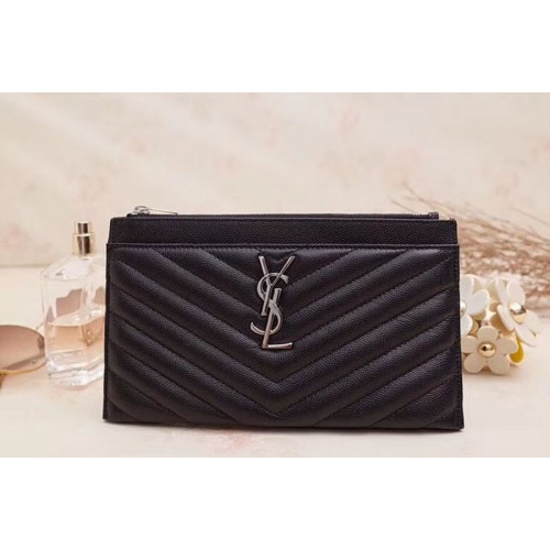 YSL Monogram Bill Pouch in Grain De Poudre Embossed Leather Black Silver Hardware