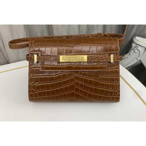 YSL MANHATTAN SMALL SHOULDER BAG IN DARK CARAMEL CROCODILE-EMBOSSED LEATHER
