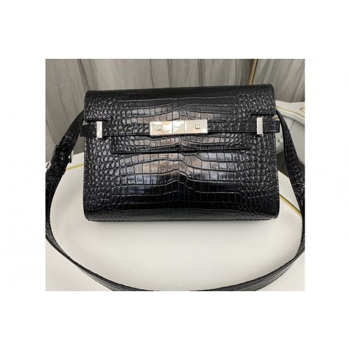 YSL MANHATTAN SMALL SHOULDER BAG IN Black CROCODILE-EMBOSSED LEATHER With Silver Buckle