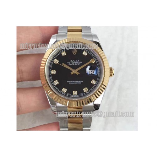 Rolex Date Just II 41mm SS/YG Black Dial Diamonds Marker on SS/YG Bracelet A3136