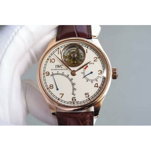 IWC Portugese Tourbillon Mystere Retrograde IW504602 RG TF Best Edition White Dial on Brown Croco Leather Strap
