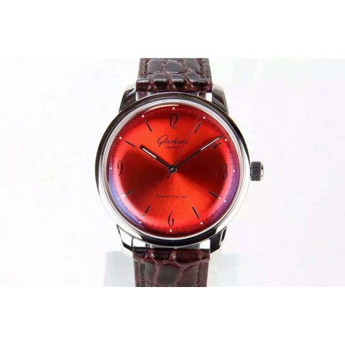 Glashutte The Senator Sixties SS YLF Red Dial on Brown lizard Leather Strap MIYOTA9015
