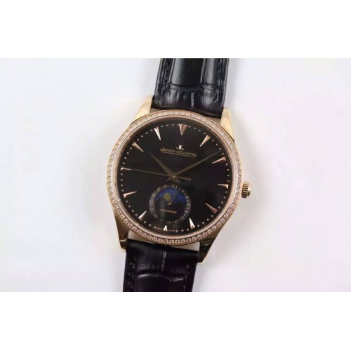 Jaeger-LeCoultre Master Ultra Thin Moon RG Diamonds Bezel Black Dial on Black Leather Strap A925