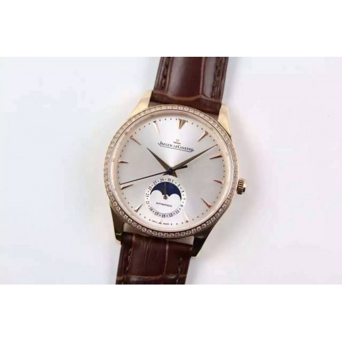 Jaeger-LeCoultre Master Ultra Thin Moon RG Diamonds Bezel Silver Dial on Brown Leather Strap A925