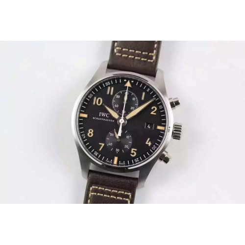 IWC Pilot Chrono SS 387808 ZF Best Edition Black Dial on Brown Leather Strap A7750