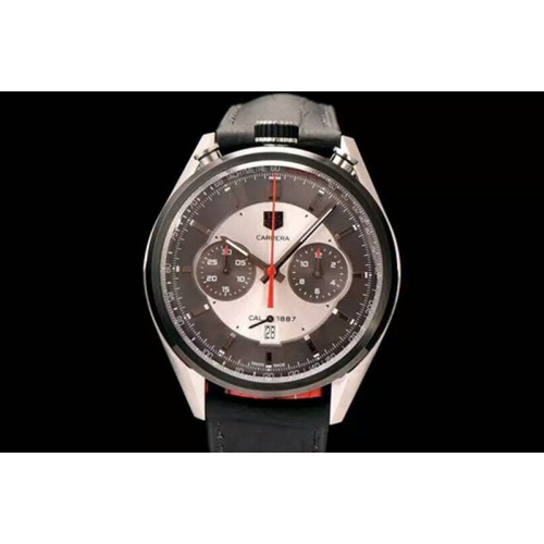 Tag Heuer Carrera CAL.1887 Chronograph Crown At @12 SS V6F 1:1 Best Edition Gray Dial on Black Leather Strap