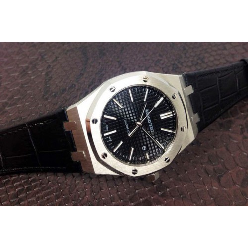 Audemars Piguet Royal Oak 41mm 15400 1:1 Best Edition Black Dial on Black Leather Strap MIYOTA9015