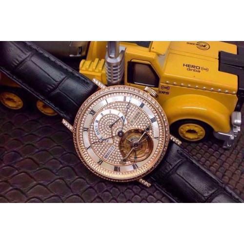 Breguet Jubilee Tourbillon 5 Days RG Full Paved Diamonds Dial on Brown Leather Strap