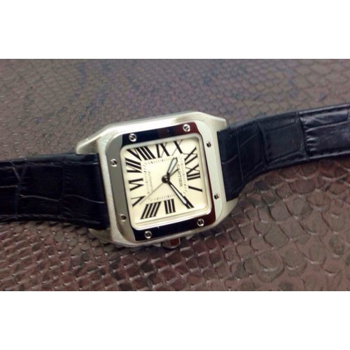 Cartier Santos 100 Midsize SS White Dial on Black Leather Strap ETA2688