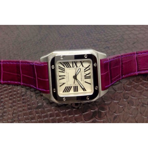 Cartier Santos 100 Midsize SS White Dial on Purple Leather Strap ETA2688