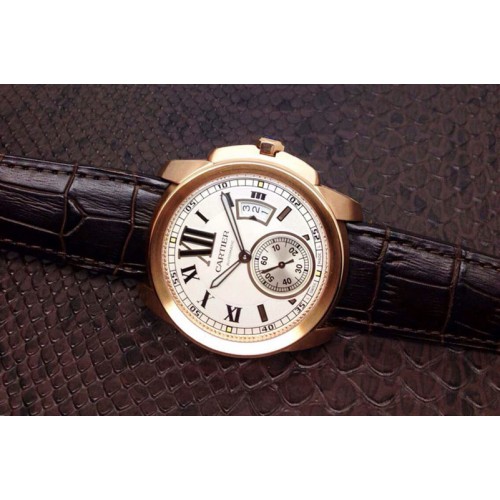 Calibre de Cartier RG White Dial on Brown Leather Strap A2824 JF