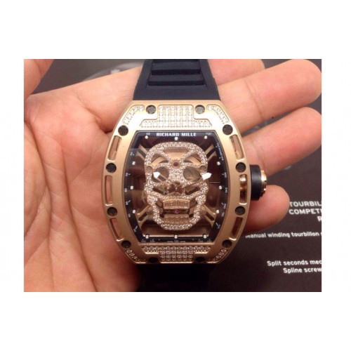 Richard Mille RM 052 Skull Watch RG Full Paved Diamonds Skull Dial on Black Rubber Strap 6T51