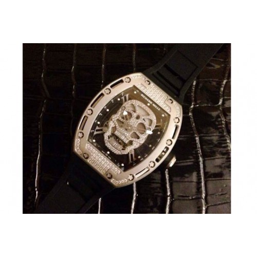 Richard Mille RM 052 Skull Watch SS Full Paved Diamonds Skull Dial on Black Rubber Strap 6T51 Richard Mille RM 052 Skull Watch SS Full Paved Diamonds Skull Dial on Black Rubber Strap 6T51