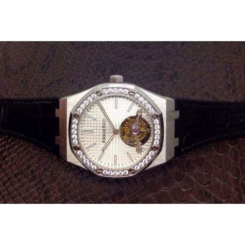 Audemars Piguet Royal Oak 41mm Tourbillon SS Silver Dial Diamonds Bezel on Black Leather Strap