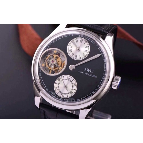 IWC Portuguese Flying Tourbillon SS Black Dial 2 Sub Dials on Black Leather Strap