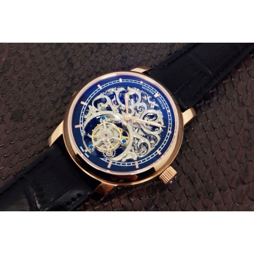 Vacheron Constantin Patrimony Tourbillon RG Blue Skeleton Dial on Black Leather Strap