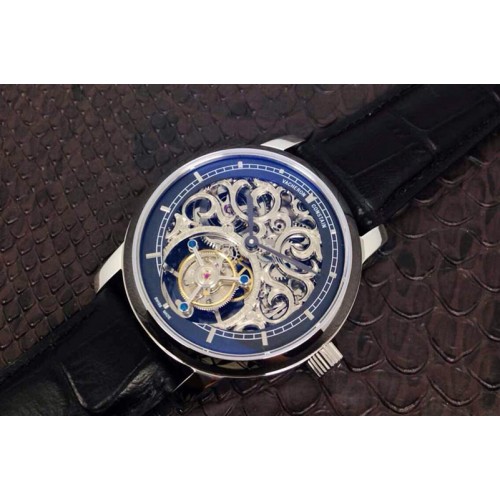 Vacheron Constantin Patrimony Tourbillon SS Blue Skeleton Dial on Black Leather Strap