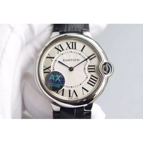 Cartier Ballon Bleu 40mm SS White Texture Dial on Black Leather Strap MIYOTA9015