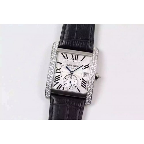 Cartier Tank MC SS White Textured Dial Diamonds Bezel on Black Leather Strap MIYOTA 9015