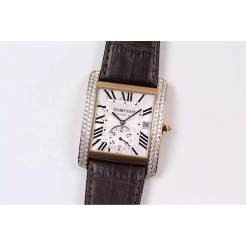 Cartier Tank MC RG White Textured Dial Diamonds Bezel on Brown Leather Strap MIYOTA 9015