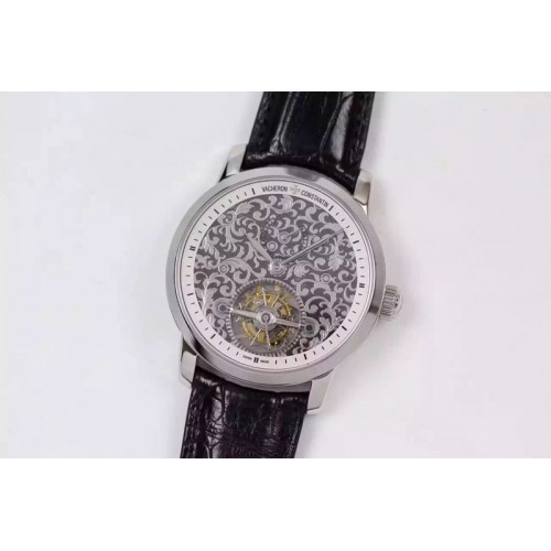 Vacheron Constantin The Patrimony Tourbillon SS TF Best Edition White Inner Bezel Skeleton Dial on Blck Croco Leather Strap