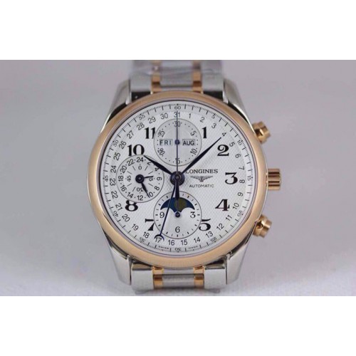 Longines Master Moonphase Chrono RG/SS White Textured Dial on SS/RG Bracelet A7751