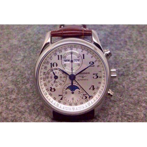 Longines Master Moonphase Chronograph SS White Dial on Brown Leather Strap A7751