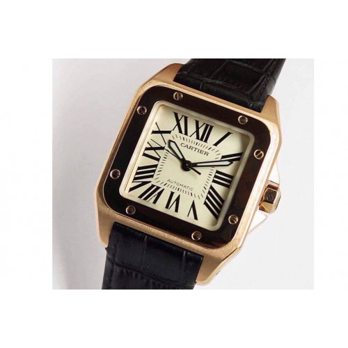 Cartier Cartier Santos 100 Mens size RG White Dial on Black Leather Strap ETA2824