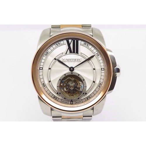 Calibre de Cartier SS Tourbillon Gray Dial RG Bezel on TT Strap