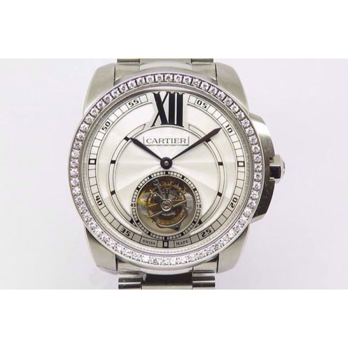 Calibre de Cartier SS Tourbillon White Dial Diamonds Bezel on Steel Strap