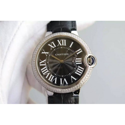 Cartier Ballon Bleu 40mm SS Diamond Bezel Black Texture Dial on Black Leather Strap MIYOTA9015