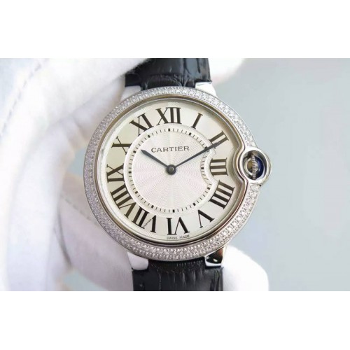 Cartier Ballon Bleu 40mm SS Diamond Bezel White Texture Dial on Black Leather Strap MIYOTA9015