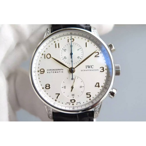 IWC Portuguese Chrono RG Diamonds Case White Dial YG Hand on Black Leather Strap A7750